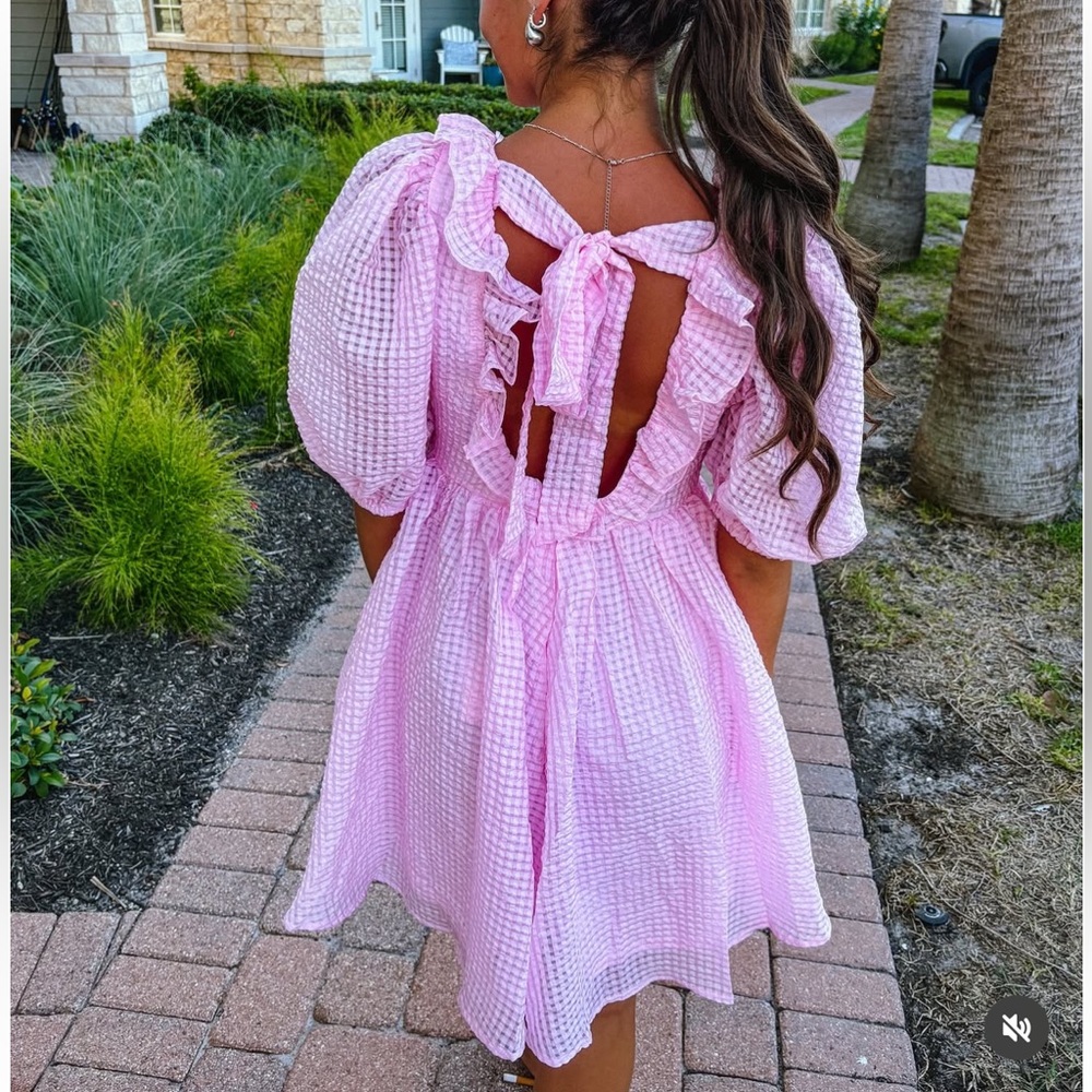 Mable Pink Gingham Puff Sleeve Ruffle Tie Back Mini Dress Coquette Romantic S - Picture 2 of 13